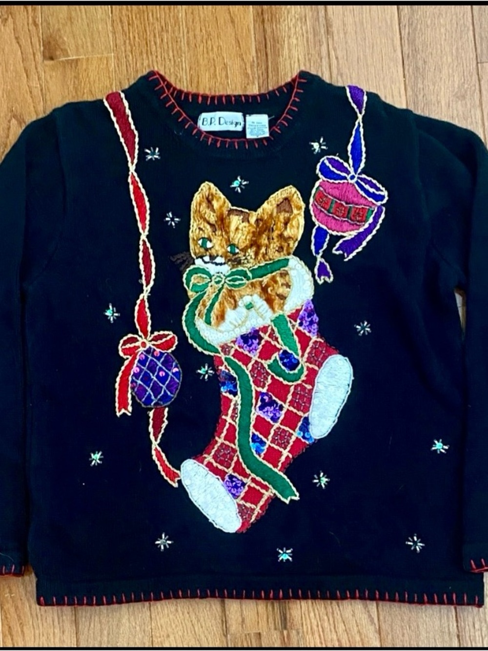B.P. Designs Vintage Cat Christmas Sweater Black Sequin Stocking Size S